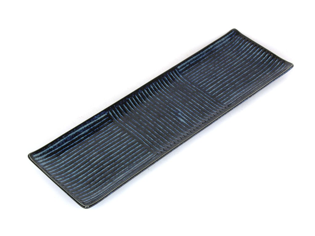 Plate Rectangular 33x10cm Lines Dark Blue Glaze