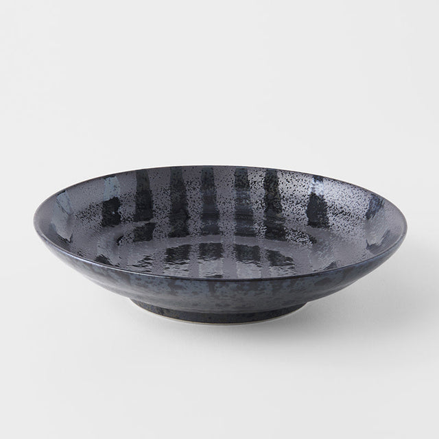 Pasta Bowl Flat 23cm Gloss Black Stripes On Gunmetal Black Glaze