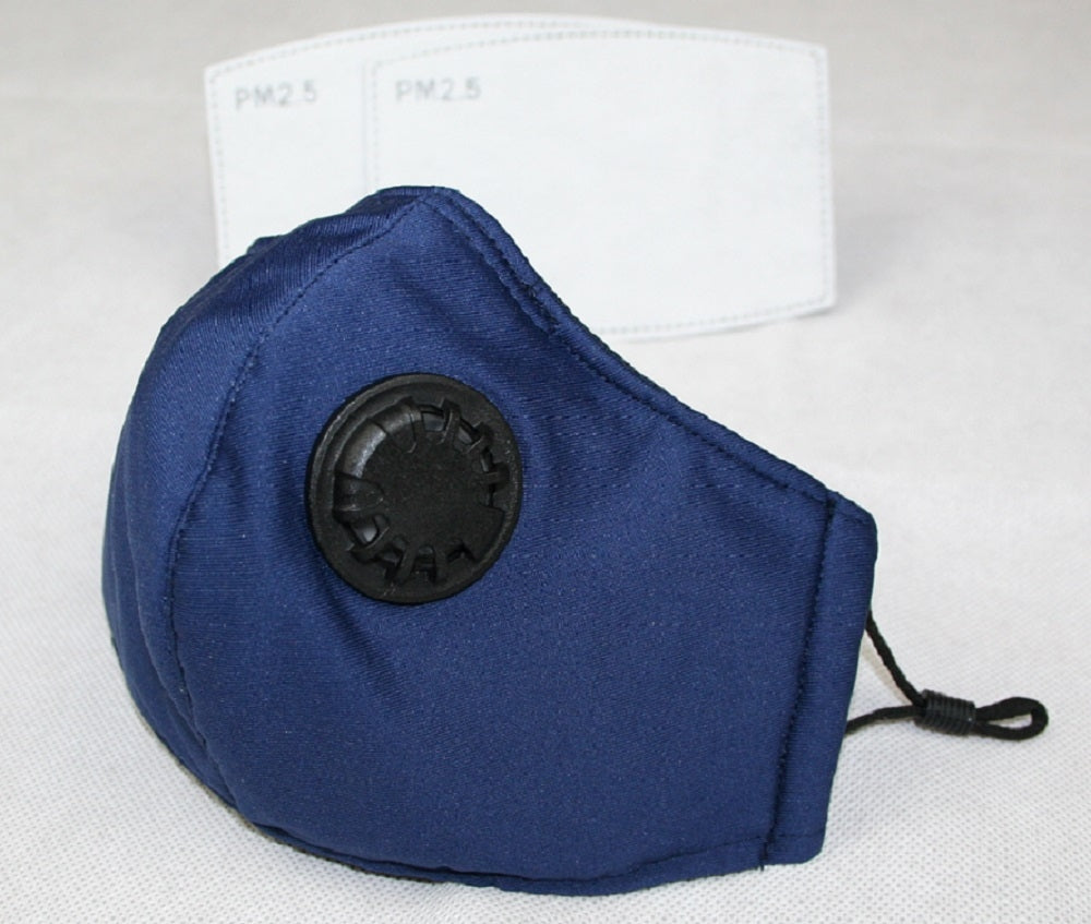 Reusable Cotton Cloth Face Mask w 2 PM2.5 Filters Breathing Valve 3Ply Blue