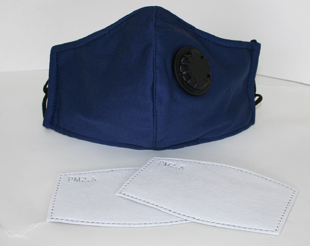 Reusable Cotton Cloth Face Mask w 2 PM2.5 Filters Breathing Valve 3Ply Blue