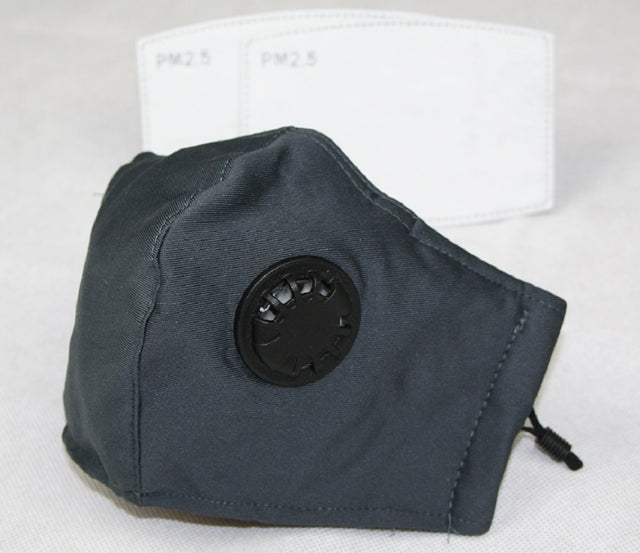 Reusable Cotton Cloth Face Mask w 2 PM2.5 Filters Valve 3Ply Slate Grey