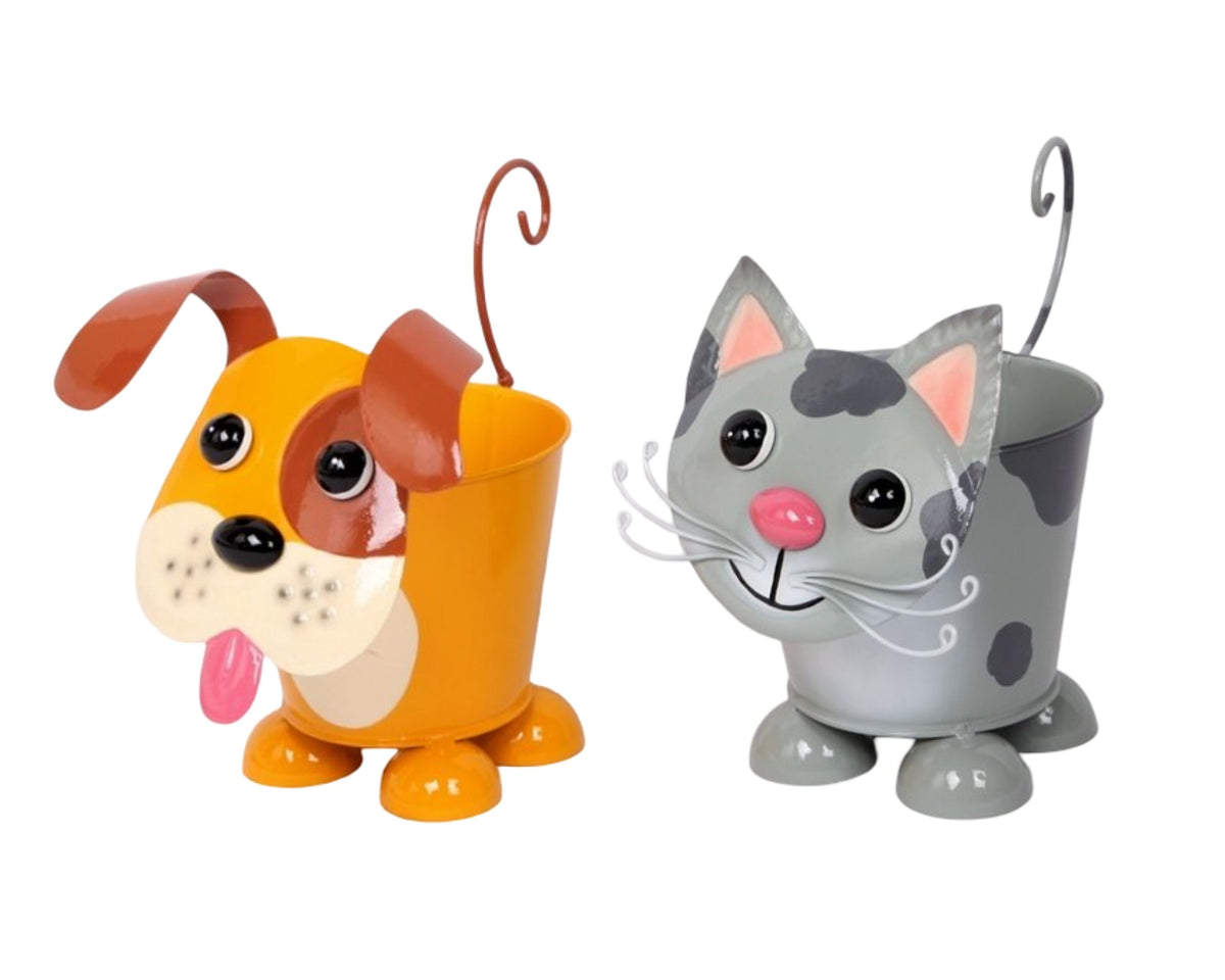 Set 2 Metal Dog & Cat Flower Pot 19cm