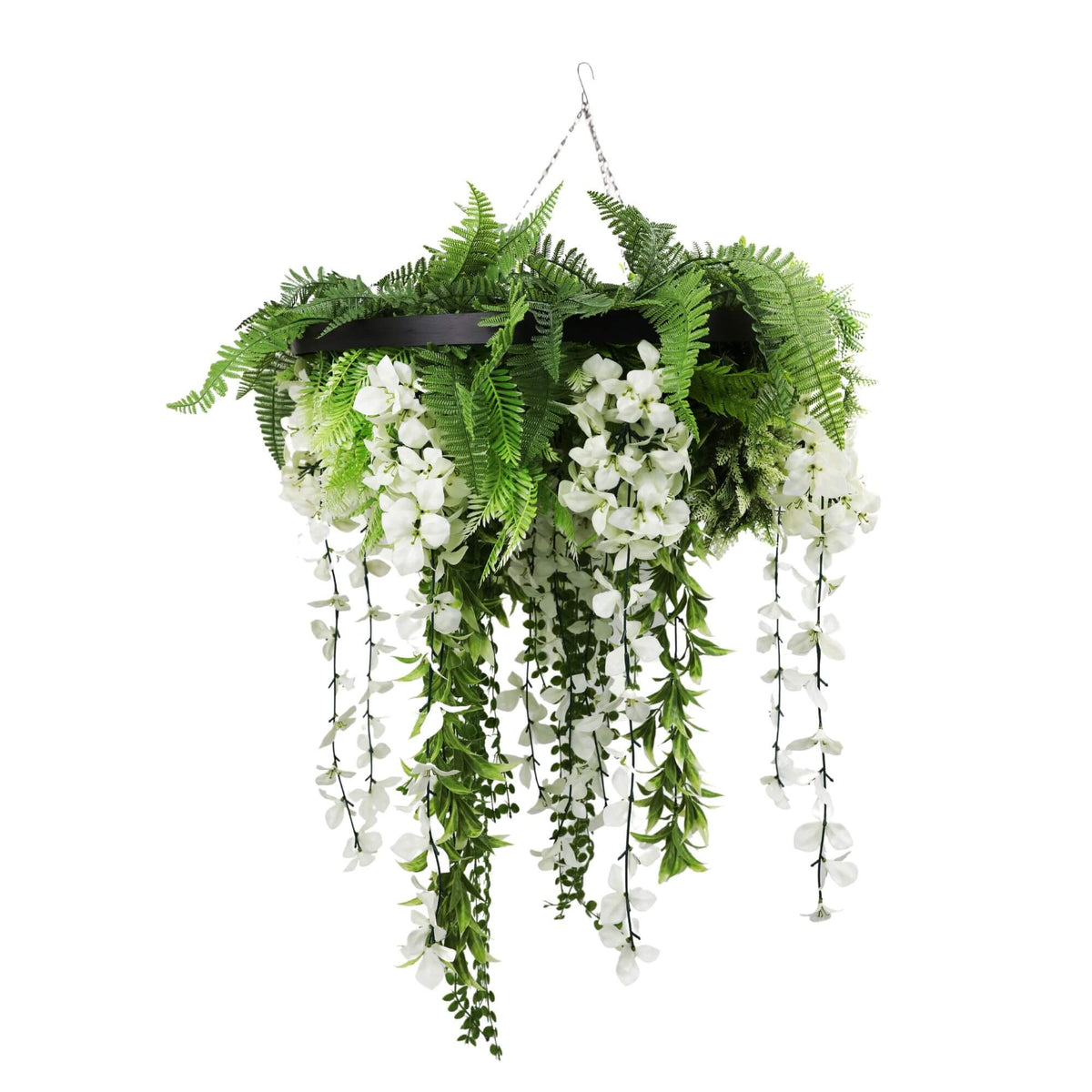 Black Framed Roof Hanging Disc w/ Draping Life Like Flowers UV Resistant 60cm
