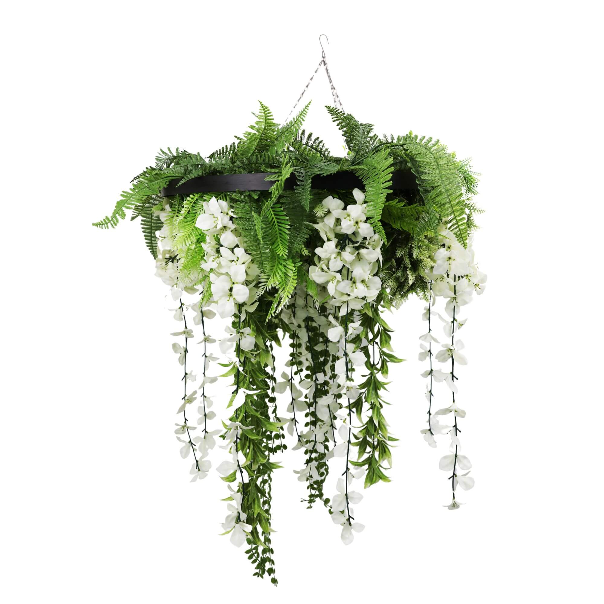 Black Framed Roof Hanging Disc w/ Draping Life Like Flowers UV Resistant 60cm