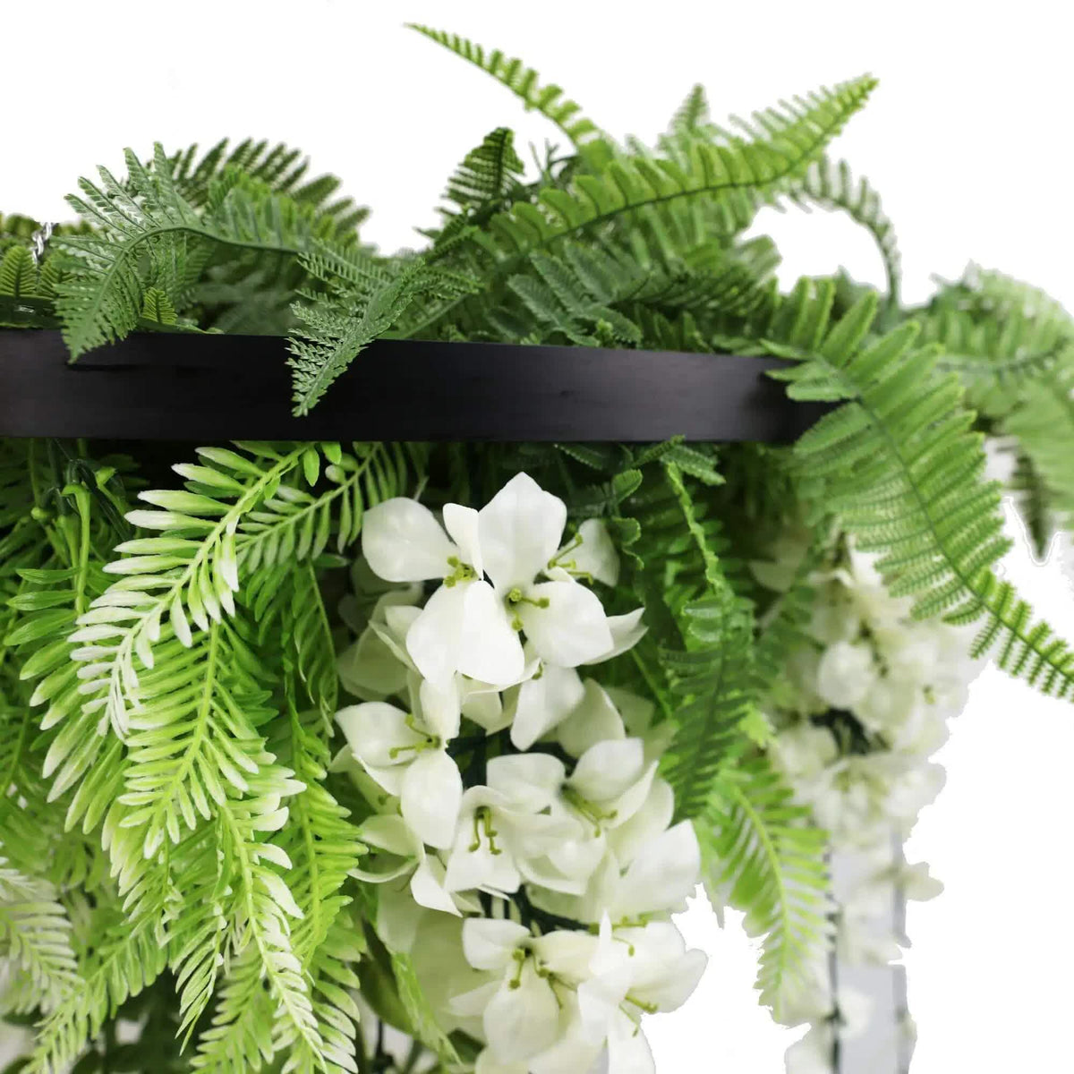 Black Framed Roof Hanging Disc w/ Draping Life Like Flowers UV Resistant 60cm