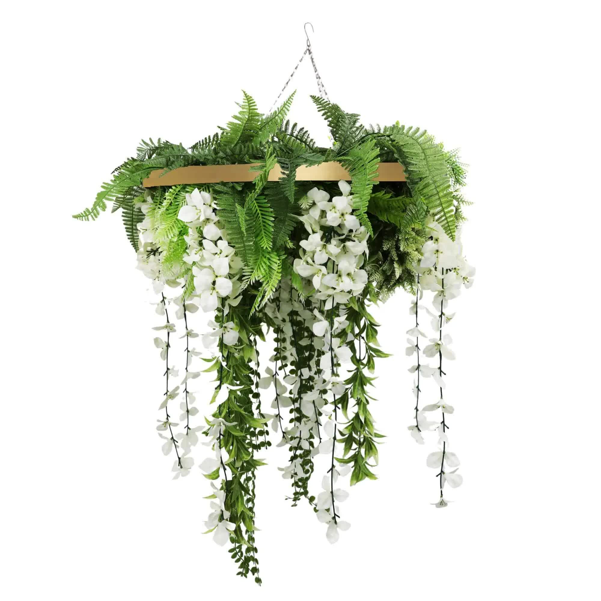 Gold Framed Roof Hanging Disc w/ Draping Life Like Flowers UV Resistant 60cm