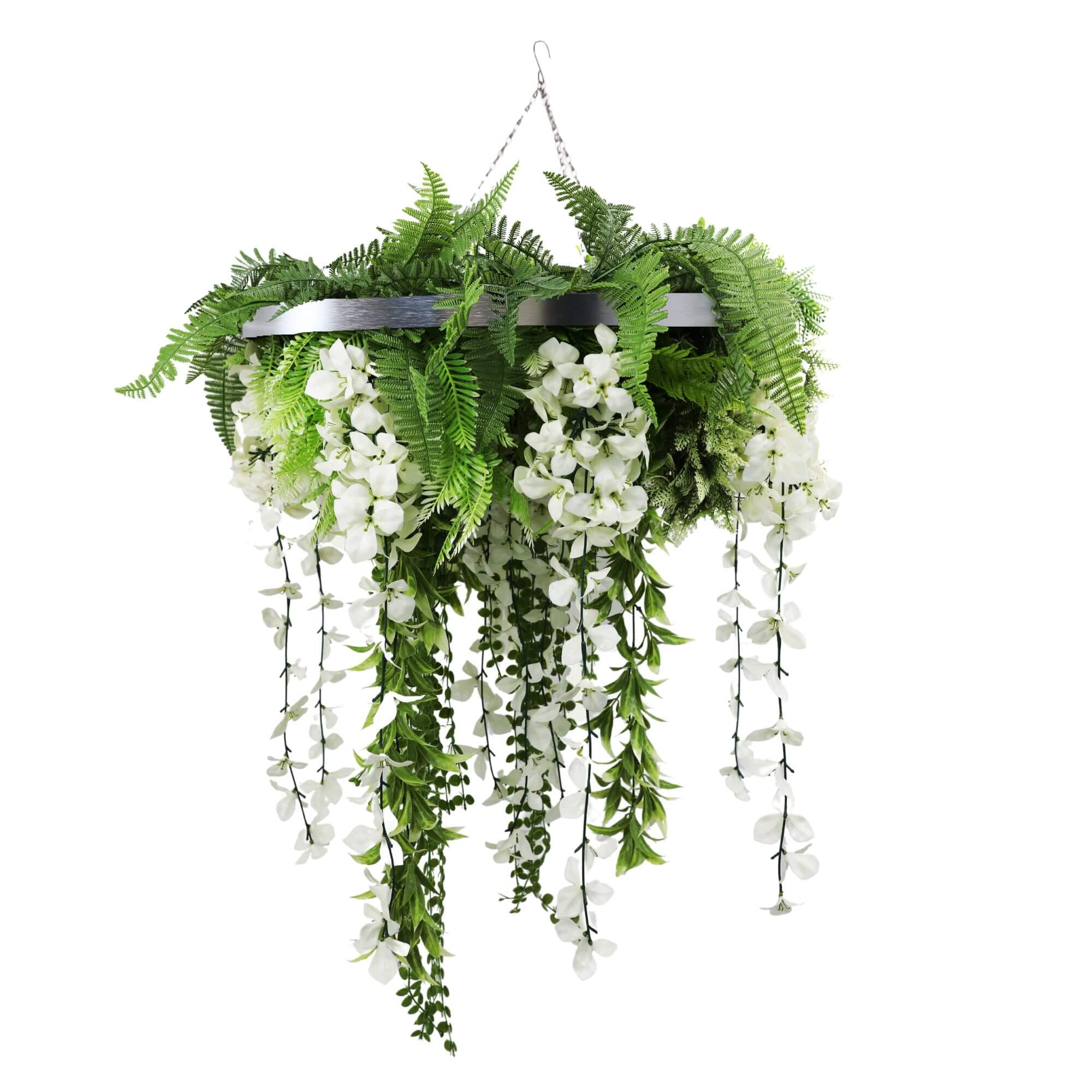 Silver Framed Roof Hanging Disc w/ Draping Life Like Flowers UV Resistant 60cm