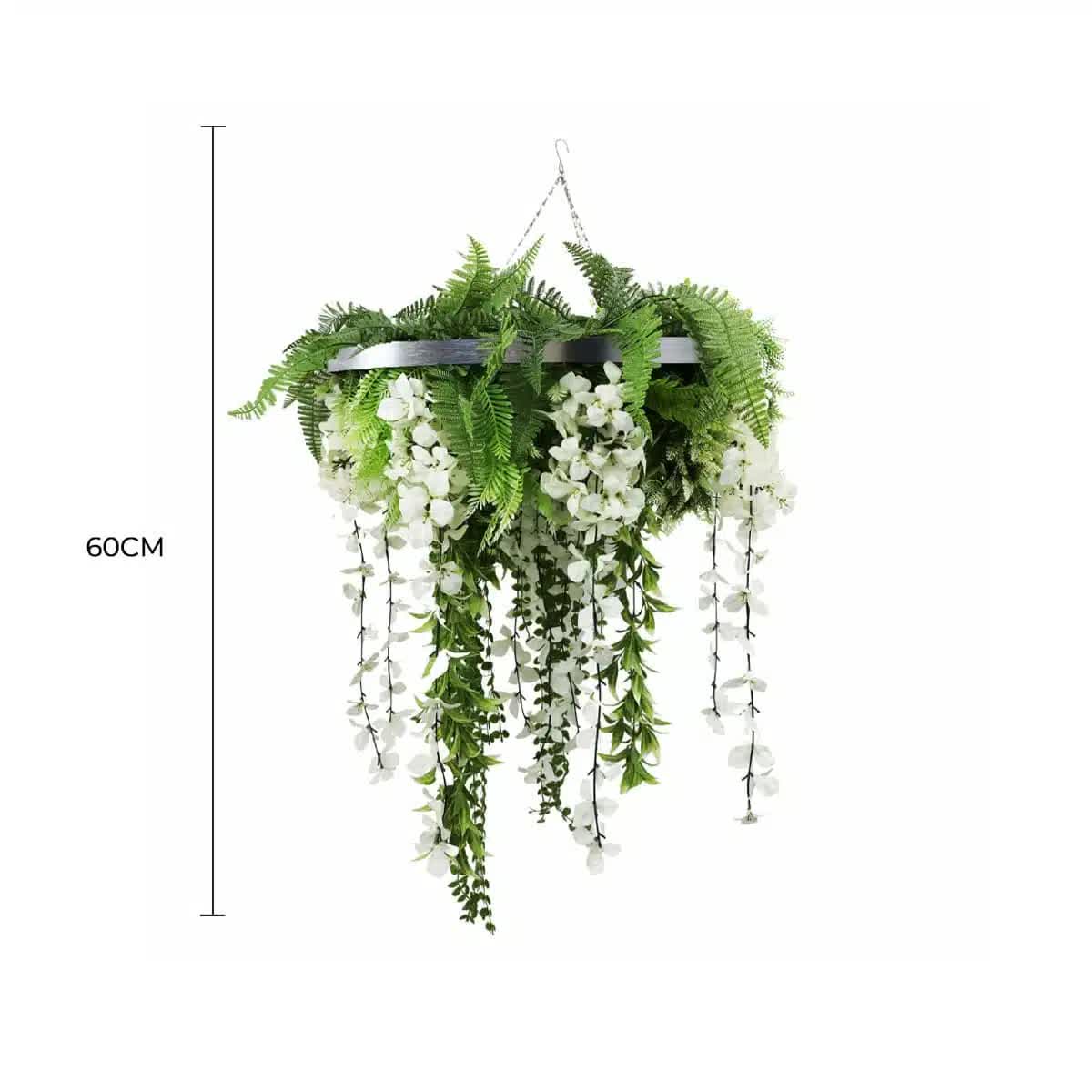Silver Framed Roof Hanging Disc w/ Draping Life Like Flowers UV Resistant 60cm