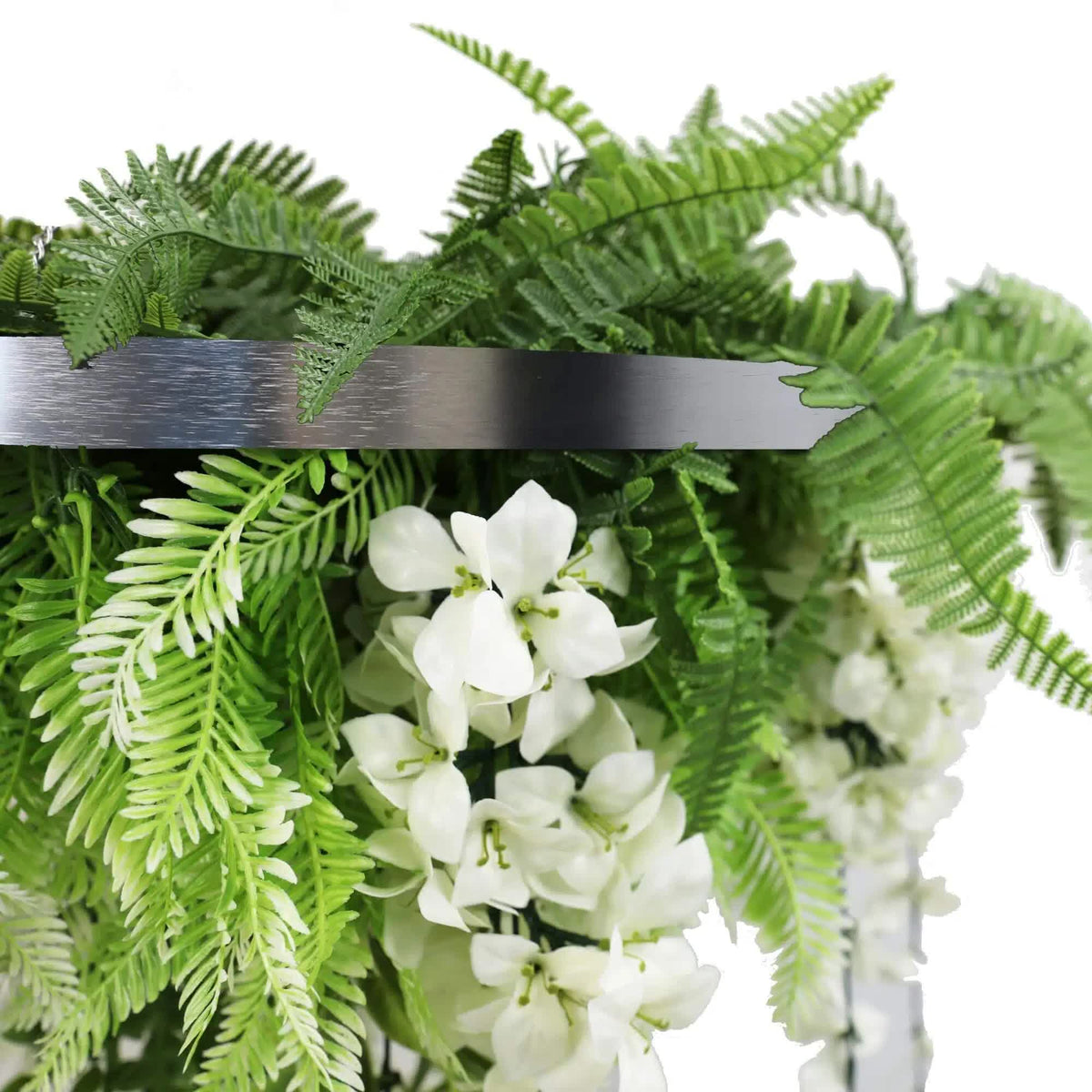 Silver Framed Roof Hanging Disc w/ Draping Life Like Flowers UV Resistant 60cm