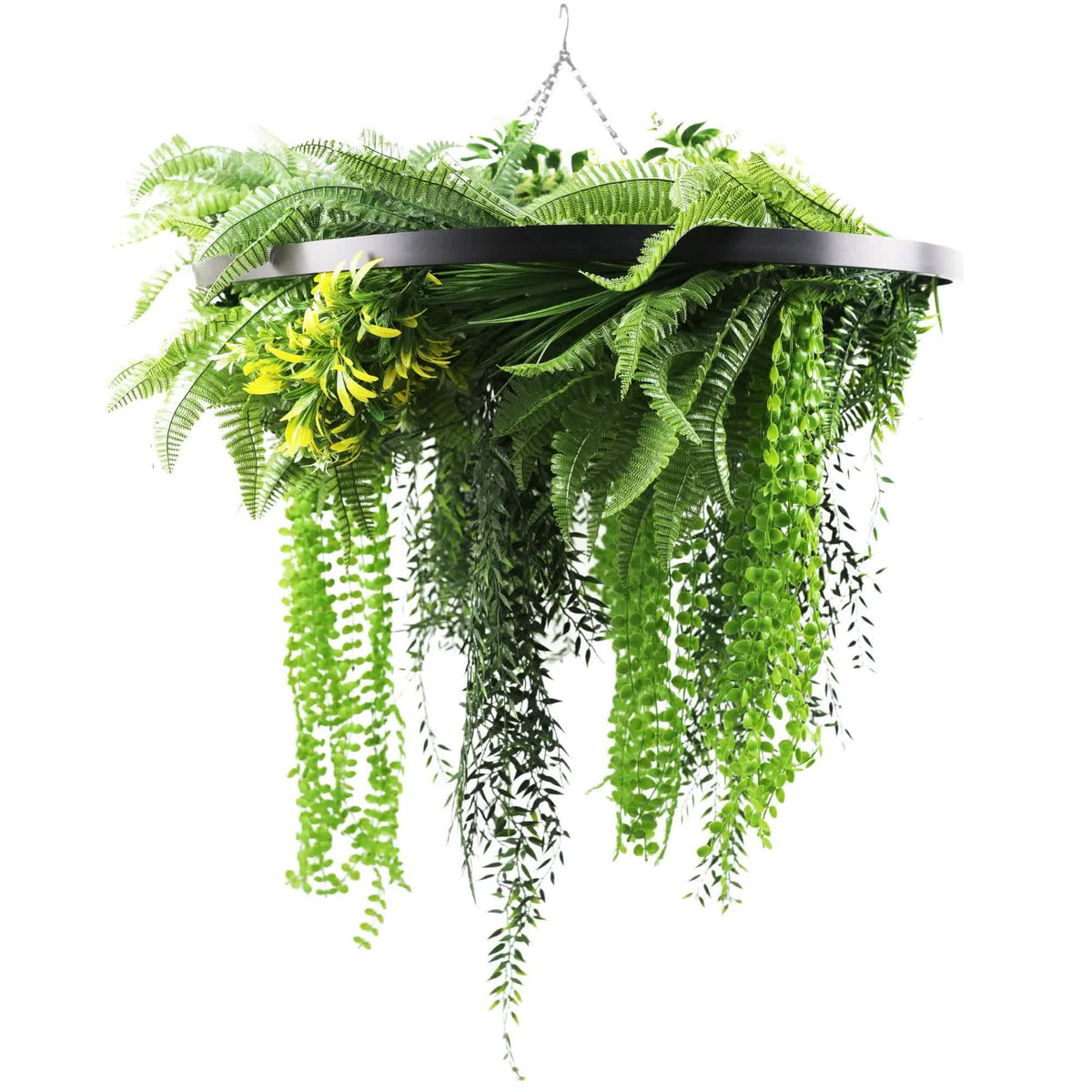 Black Framed Roof Hanging Disc w/ Draping Life Like Plants 80cm UV Resistant