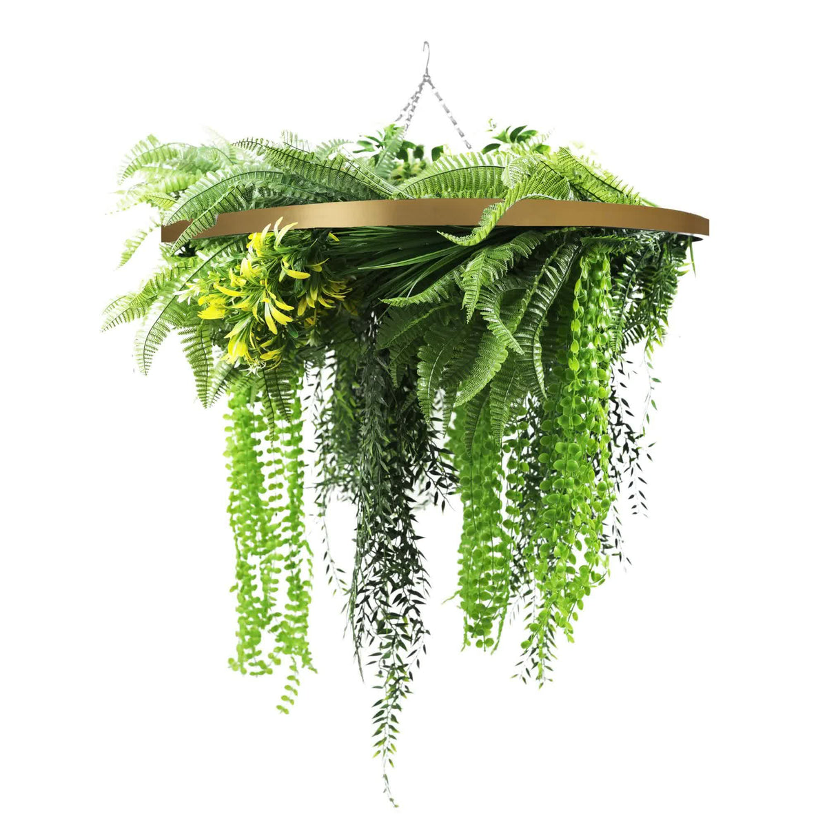 Gold Framed Roof Hanging Disc w/ Draping Life Like Plants 80cm UV Resistant