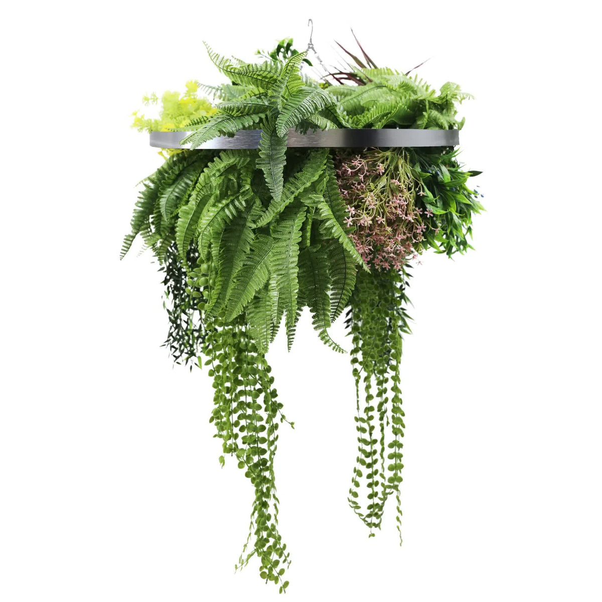 Silver Framed Roof Hanging Disc w/ Tropical Foliage Mix Stems 60cm UV Resistant