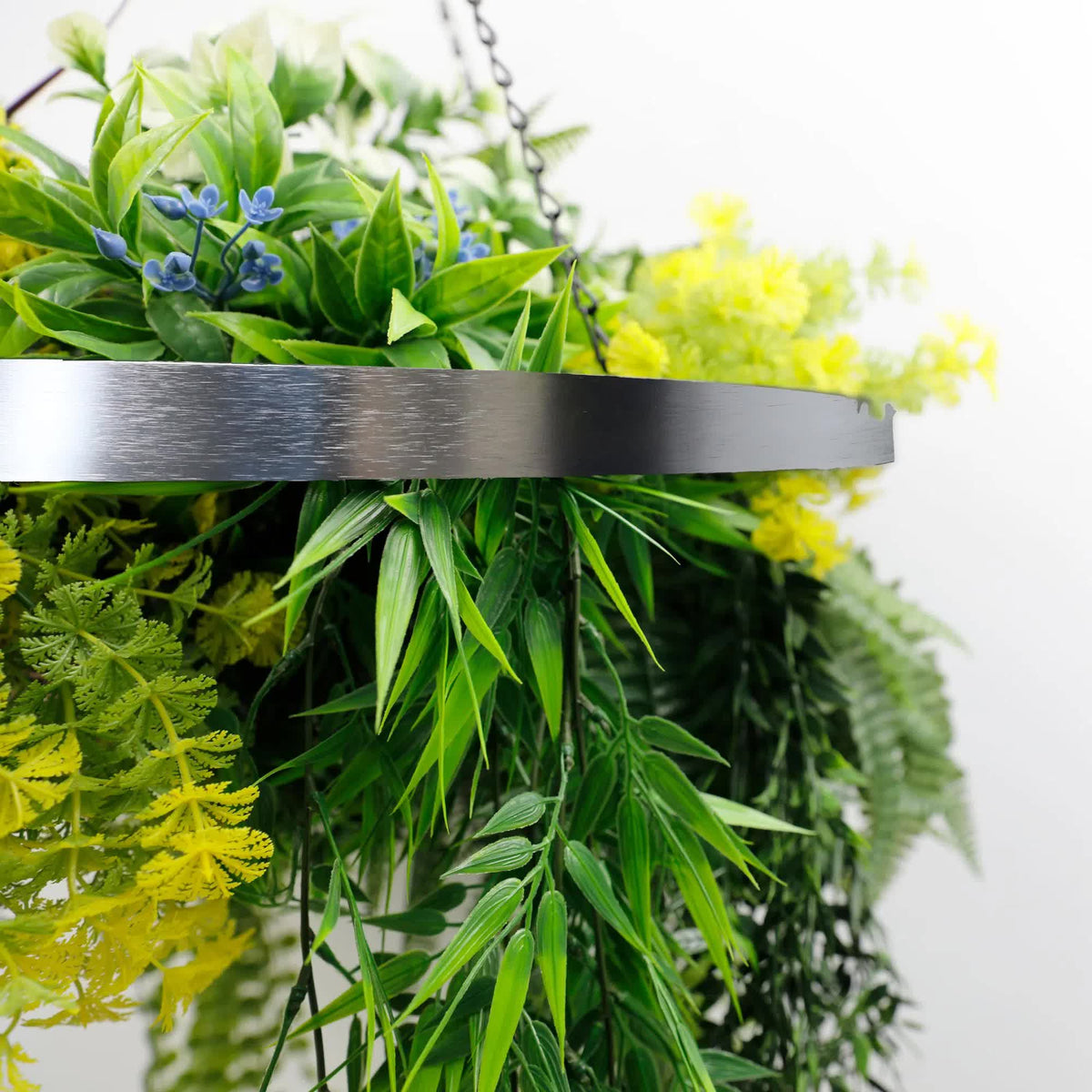 Silver Framed Roof Hanging Disc w/ Tropical Foliage Mix Stems 60cm UV Resistant
