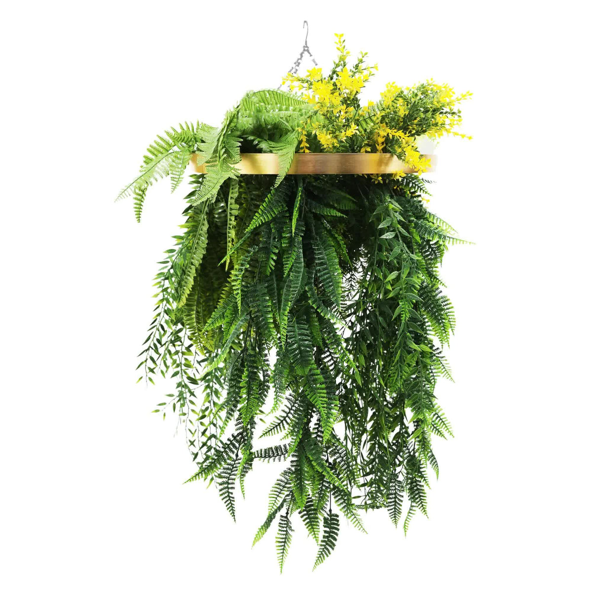 Gold Framed Roof Hanging Disc w/ Bright Tropical Foliage Ferns 40cm UV Resistant