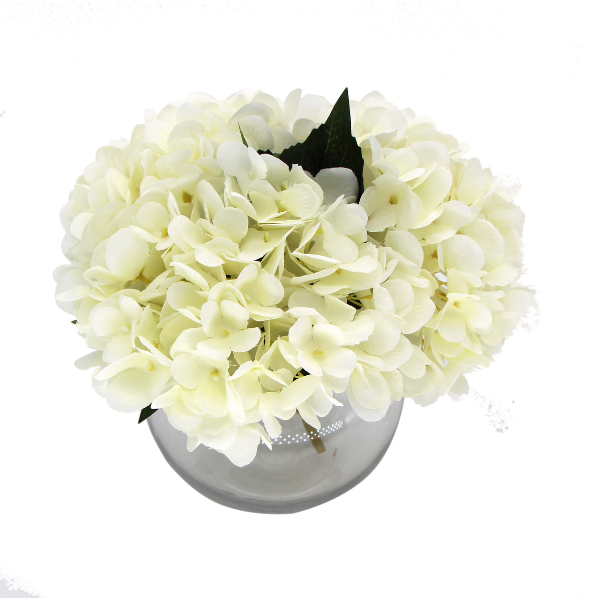 Premium Faux Hydrangea w/ Glass Vase Artificial Flowering White Hydrangea 23cm