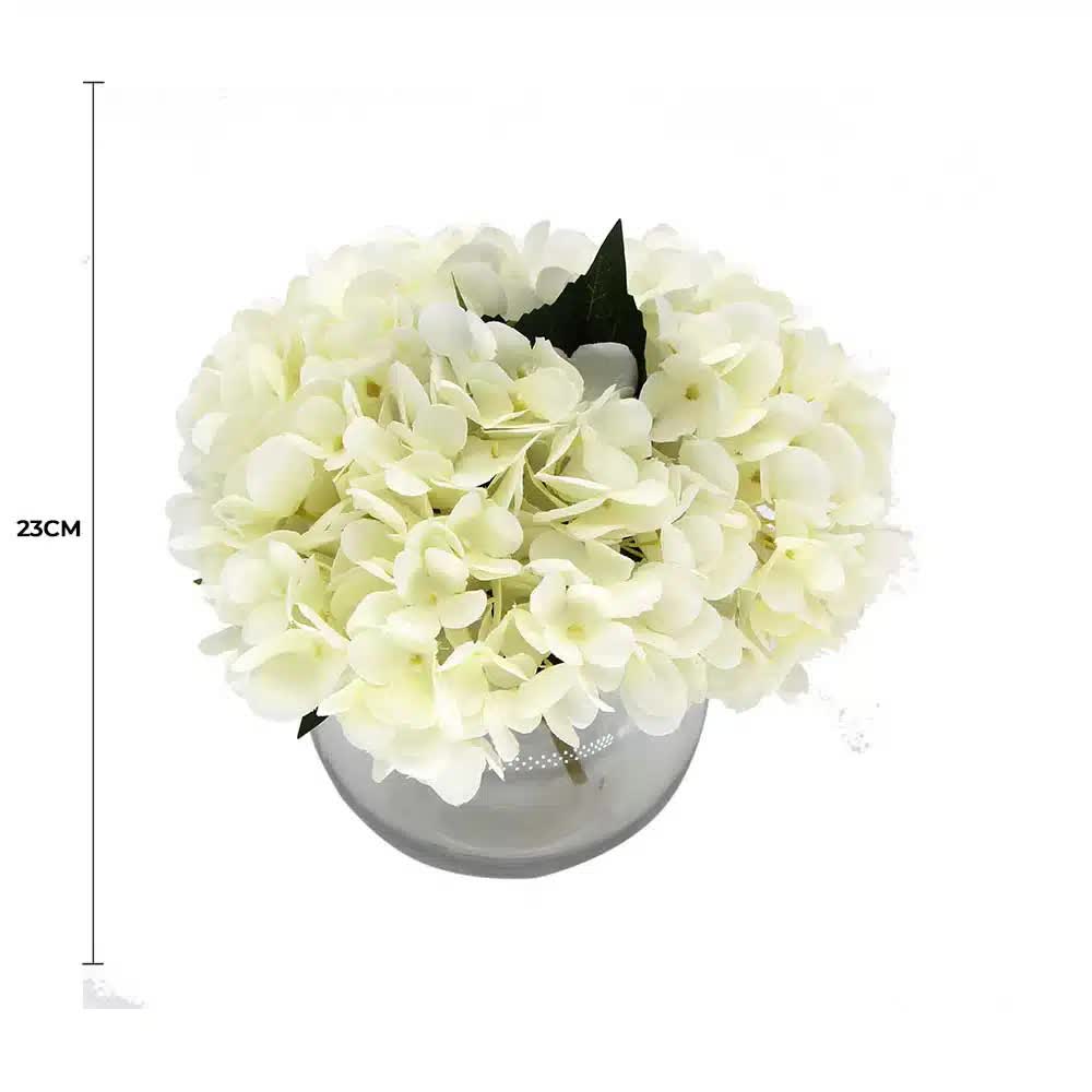 Premium Faux Hydrangea w/ Glass Vase Artificial Flowering White Hydrangea 23cm