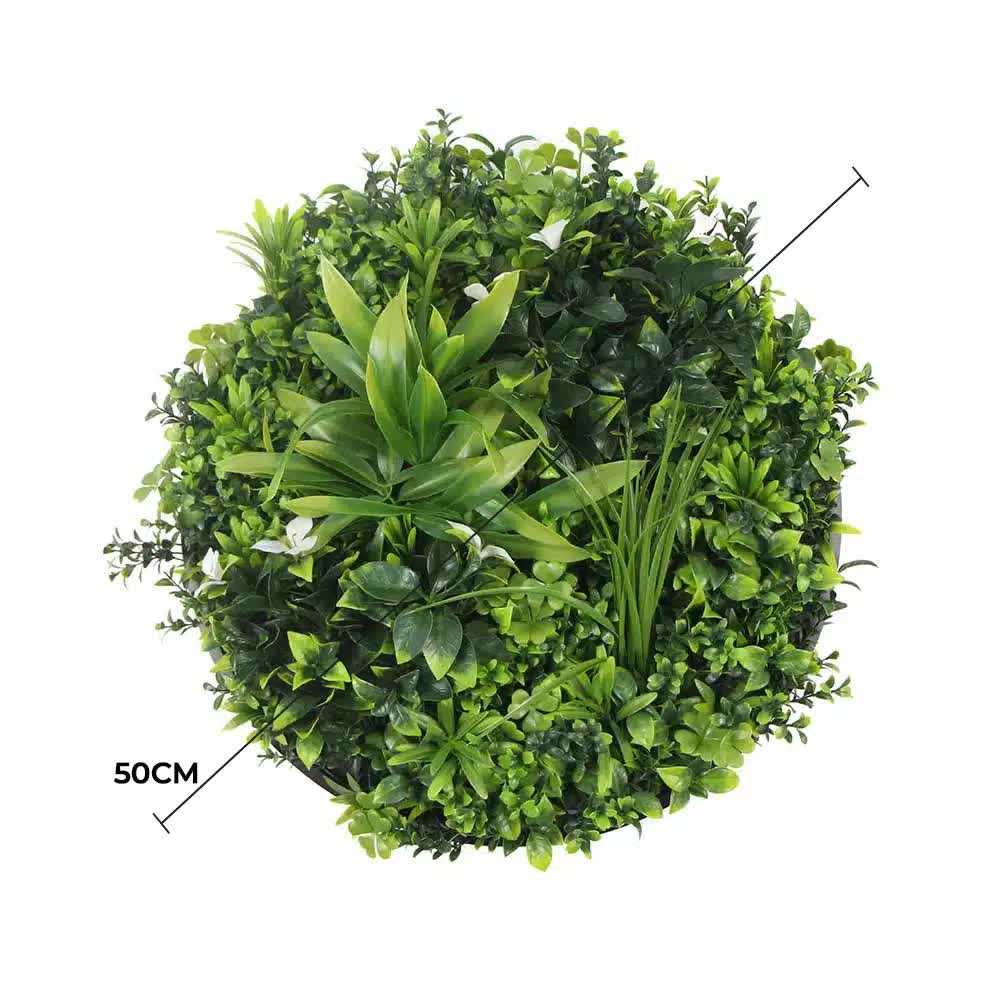 Slimline Flowering White Artificial Green Wall Disc Resistant 50cm Black Frame