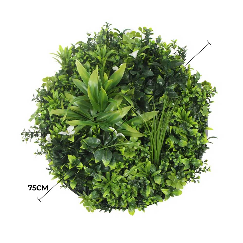 Slimline Flowering White Artificial Green Wall Disc Resistant 75cm Black Frame