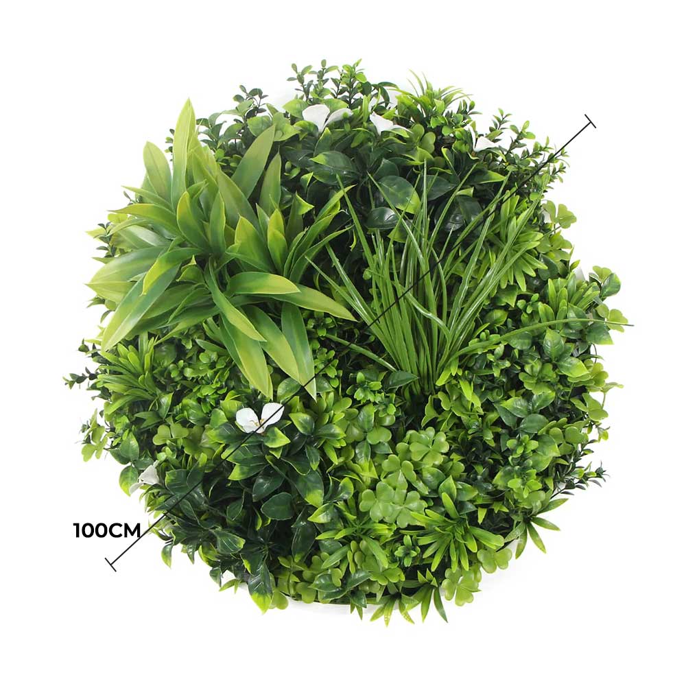 Slimline Flowering White Artificial Green Wall Disc Resistant 100cm White Frame