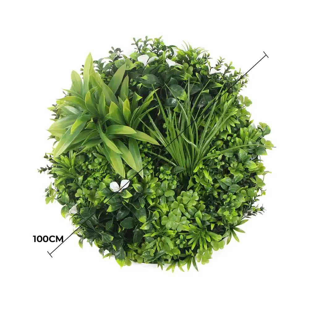 Slimline Flowering White Artificial Green Wall Disc Resistant 100cm Black Frame