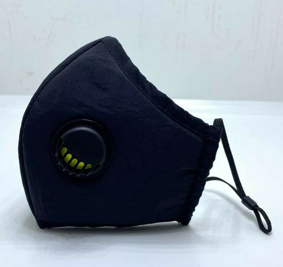 Adult Face Mask Black Reusable Adjustable w Breathing Valve 3Ply