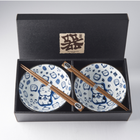 Bowl Set 2pcs with Chopsticks Maneki Cat Blue Design