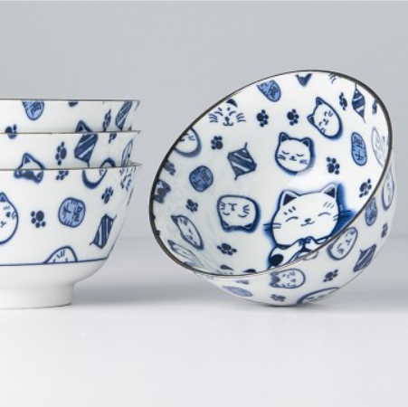 Bowl Set 4pcs Maneki Cat Blue Design