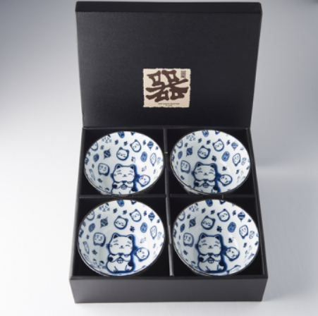 Bowl Set 4pcs Maneki Cat Blue Design