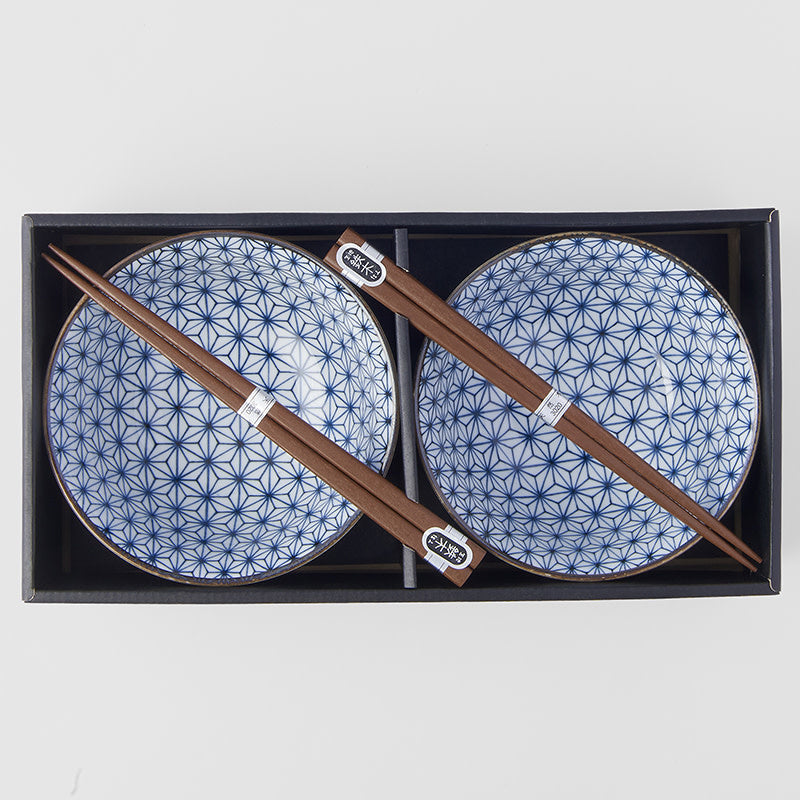 Bowl Set 2pcs with Chopsticks Starburst Blue Design