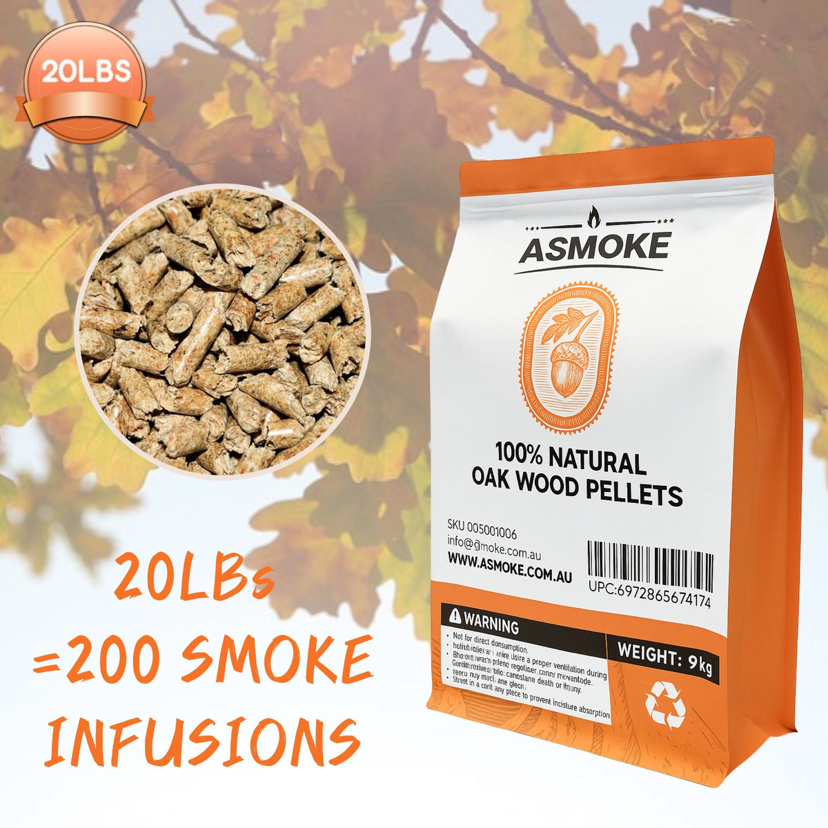 ASMOKE 100% Natural Premium Oak Wood BBQ Pellets for Smoker & Grill (9kg / 20lbs)