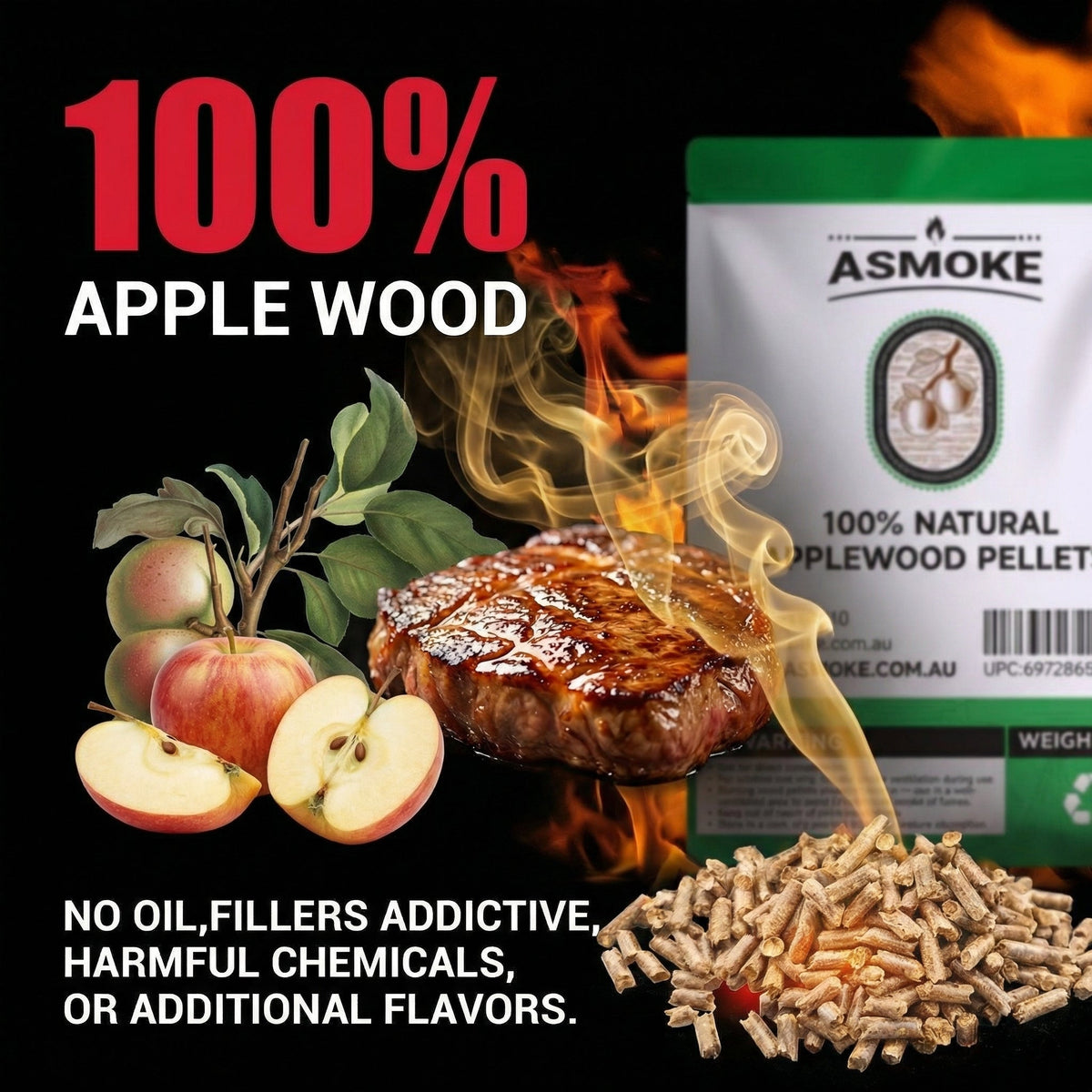 ASMOKE 20lbs x2 Premium Apple Wood Pellets for Smoker & Grill – Natural Sweet Fruit Flavour BBQ Fuel for Chicken, Pork & Pizza Ovens