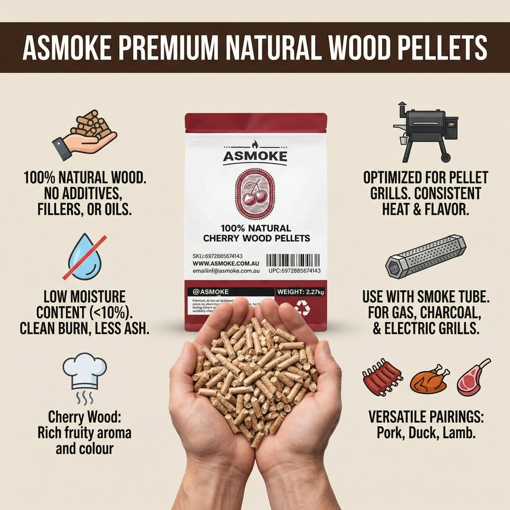 ASMOKE 19kg (40lbs) Premium Cherry Wood BBQ Smoker Pellets Bulk Bundle (8 x 2.27kg Bags)