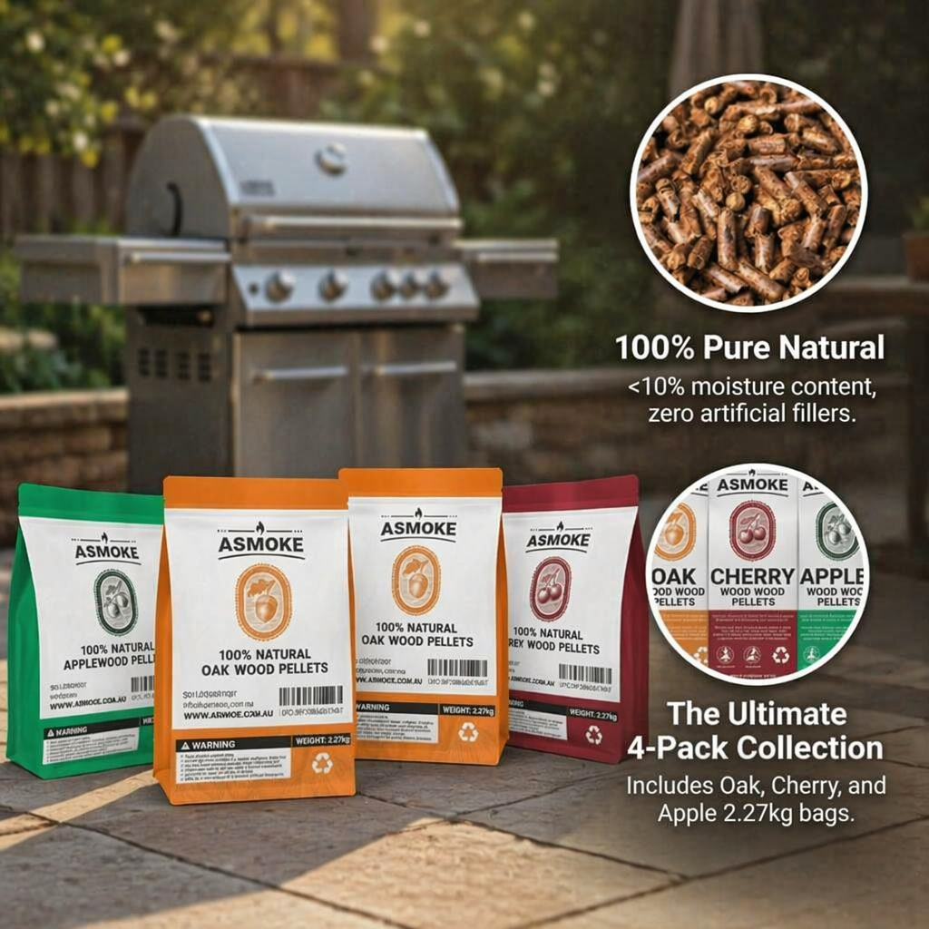 ASMOKE 4-Piece Premium Wood Pellet Variety Pack - Apple, Cherry & 2xOak (4 x 2.27kg Bags)