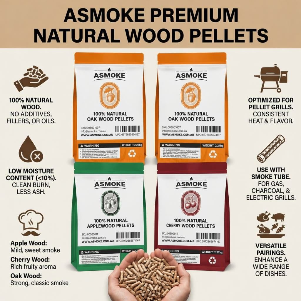 ASMOKE 4-Piece Premium Wood Pellet Variety Pack - Apple, Cherry & 2xOak (4 x 2.27kg Bags)