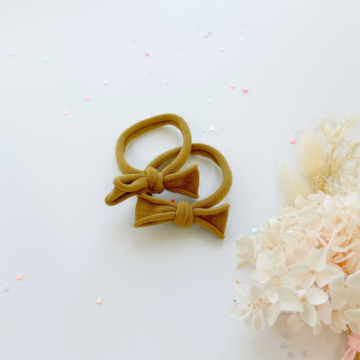 Handmade Simple Bow metal free hair ties -Mustard - 1 Pairs - Grey