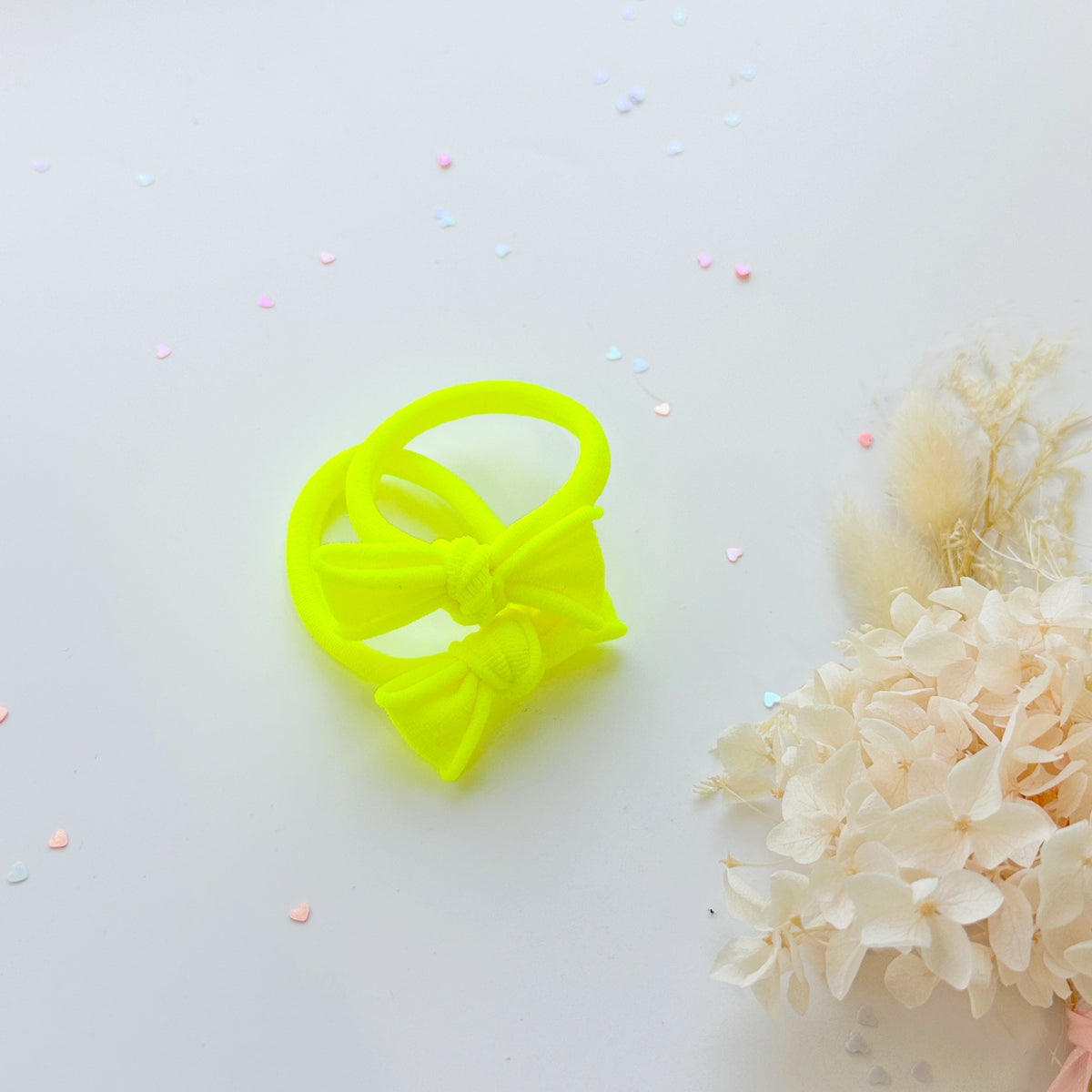Handmade Simple Bow metal free hair ties - Neon - 1 Pairs - Neon Yellow