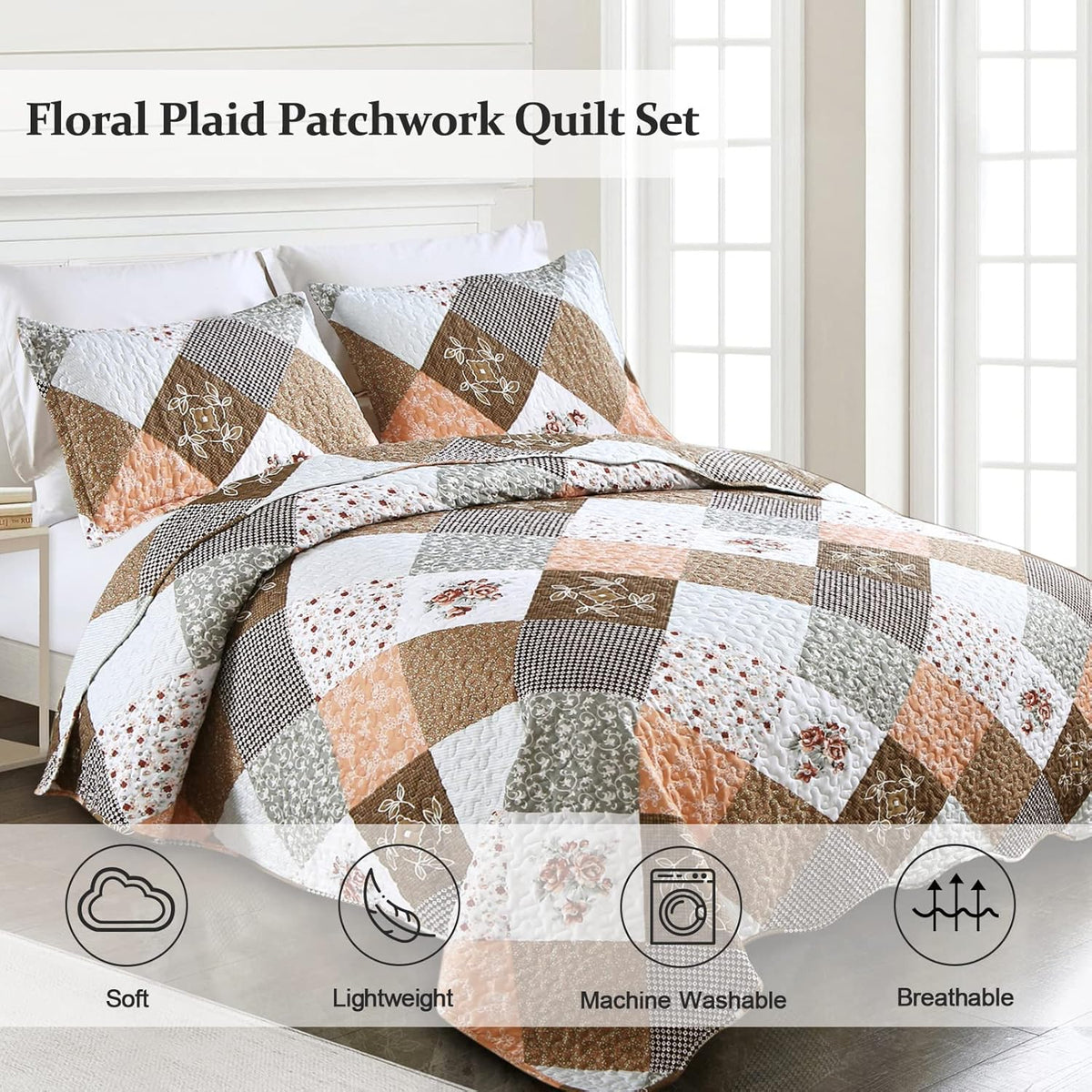 Gleaming rust brown colo patchwork 3 Pc Bedspread & Pillow Cover Set