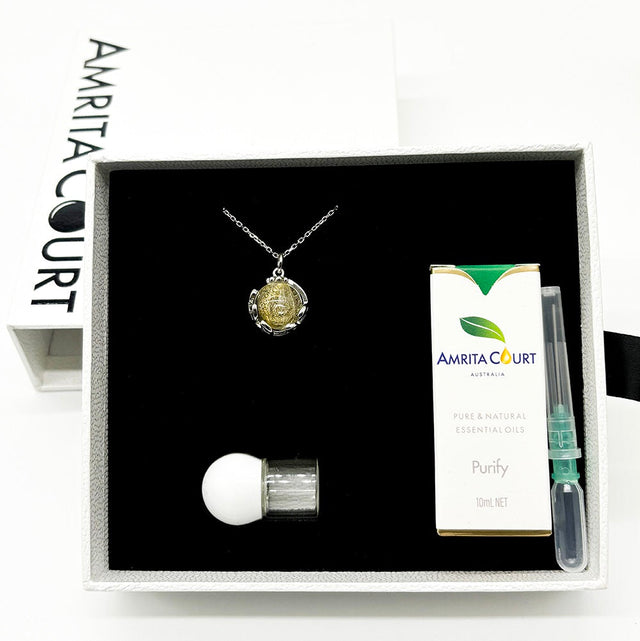 White Gold Aroma Necklace Planet Stardust Crystal Clear + Purify Oil Blend