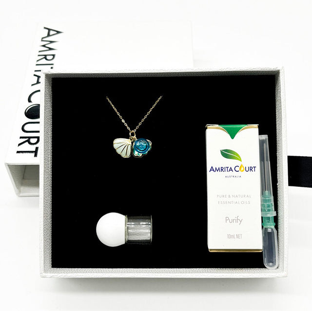 925 Silver Gold Necklace Green Shell Ocean Breeze Blue + Purify Oil Blend