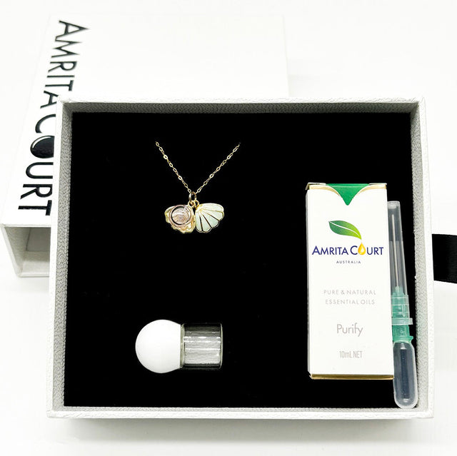925 Silver Gold Necklace Green Shell Dreamy Lavender Purple + Purify Oil Blend