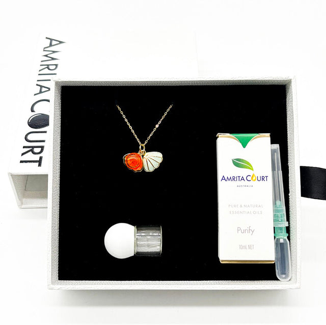 925 Silver Gold Necklace Green Shell Sunset Coral Red Orange + Purify Oil Blend