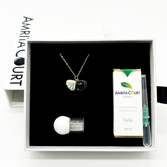 925 Silver Gold Necklace Green Shell Ocean Depth Dark Blue + Purify Oil Blend
