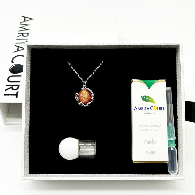 White Gold Aroma Necklace Planet Solstice Sunburst Fire Red + Purify Oil Blend