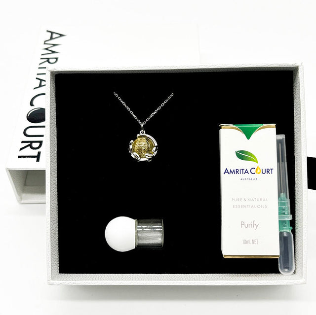 White Gold Aroma Necklace Planet Jovian Gold Yellow + Purify Oil Blend