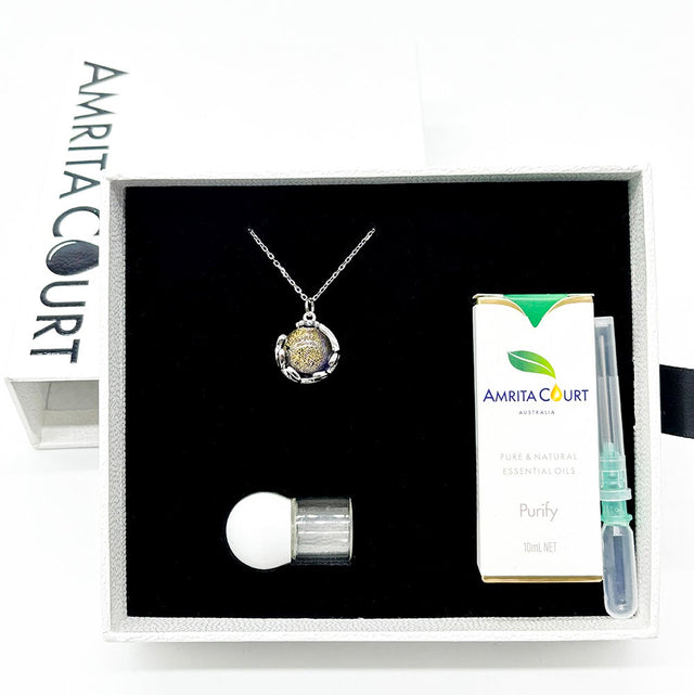 White Gold Aroma Necklace Planet Celestial Sapphire Blue + Purify Oil Blend