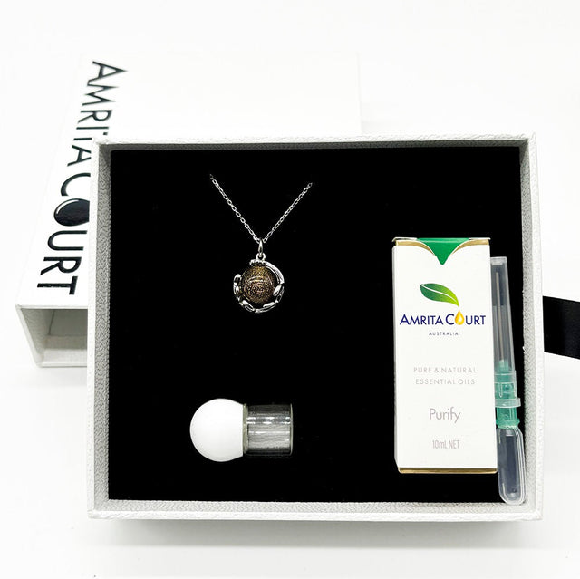White Gold Aroma Necklace Planet Plutonian Amethyst Purple + Purify Oil Blend