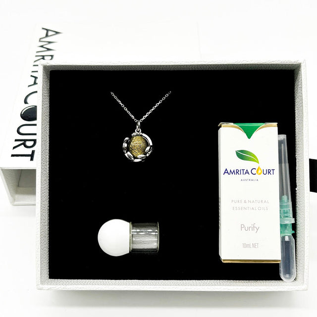 White Gold Aroma Necklace Planet Stellar Midnight Dark Blue + Purify Oil Blend