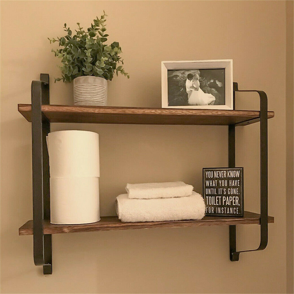 2 Layer Wood Wall Shelves Home Decor Floating Shelf Metal Hanging Storage Rack