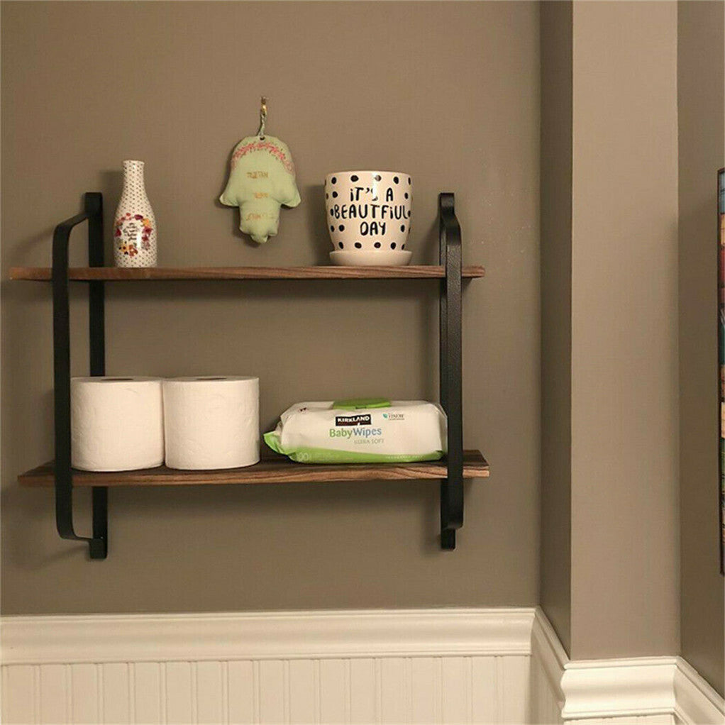 2 Layer Wood Wall Shelves Home Decor Floating Shelf Metal Hanging Storage Rack