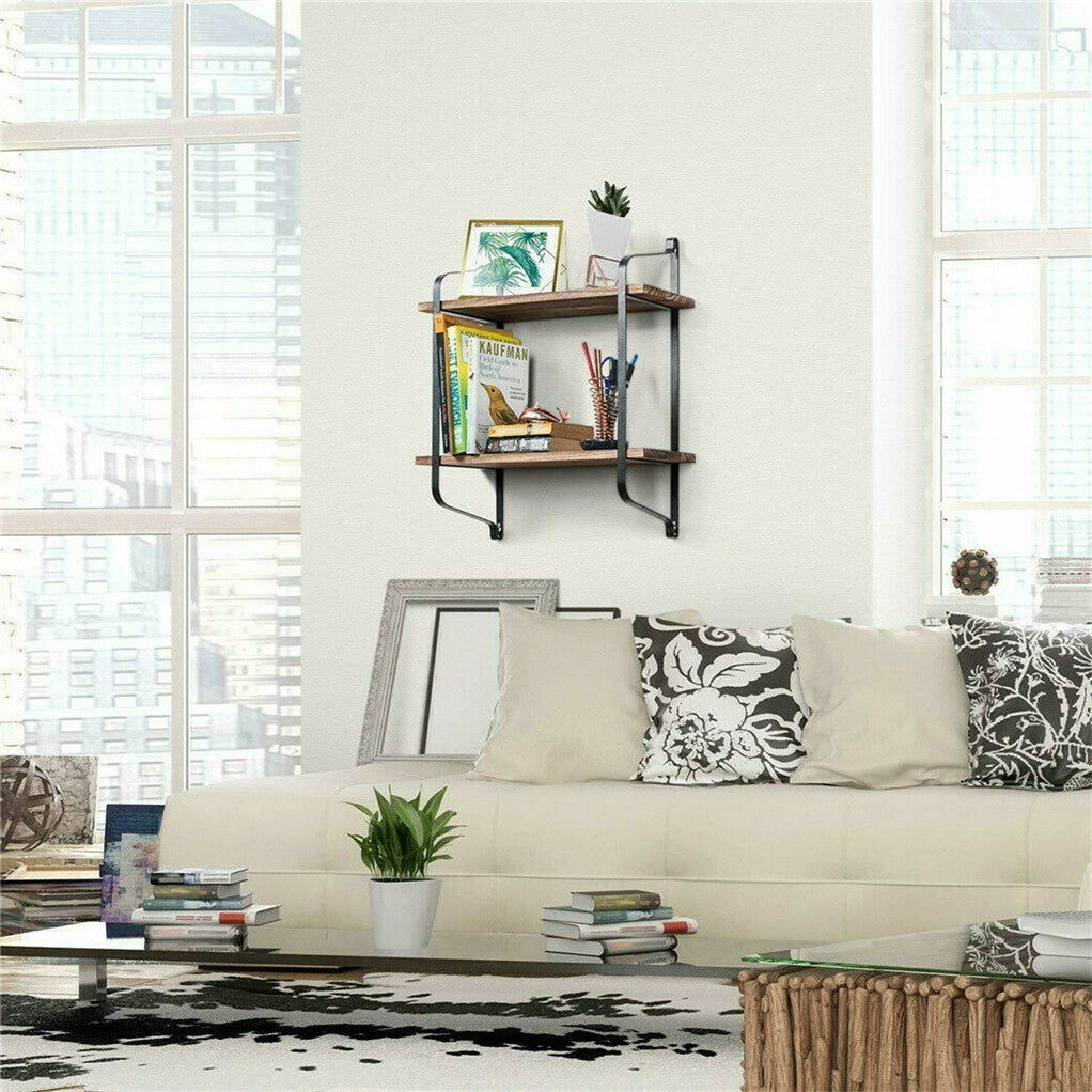 2 Layer Wood Wall Shelves Home Decor Floating Shelf Metal Hanging Storage Rack
